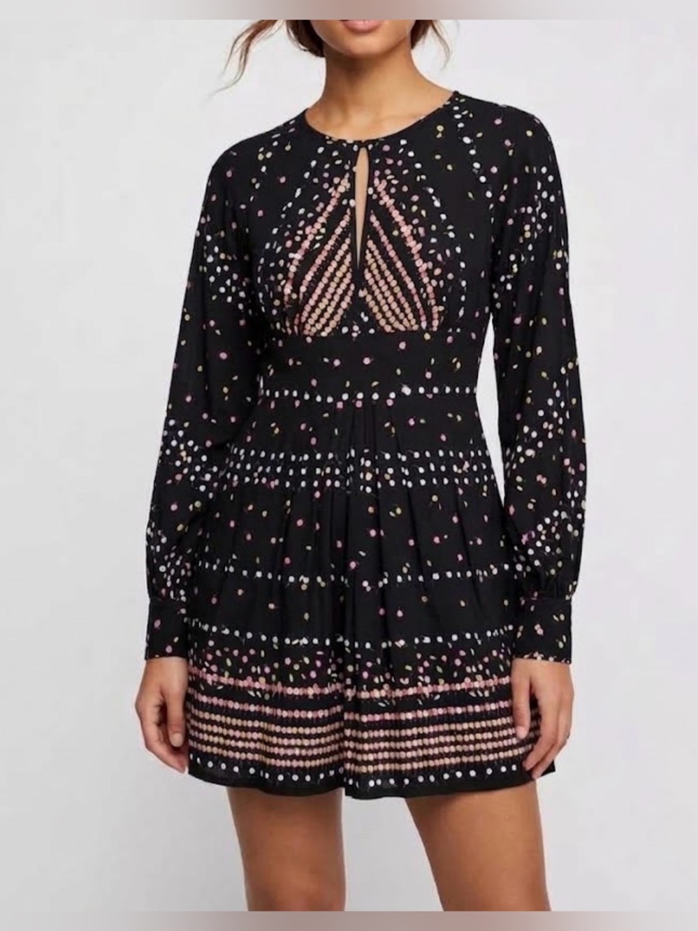 NWT Free People Coryn Mini Dress Black Combo Dot Boho Open Back Long Sleeve Sz 8